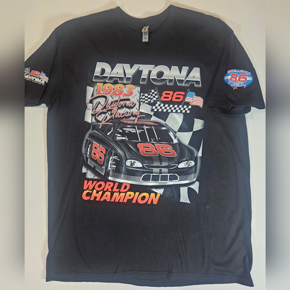 Daytona Mens T-Shirt XL‎ Black NASCAR Racing Changes 86 Car Retro Racing Tee